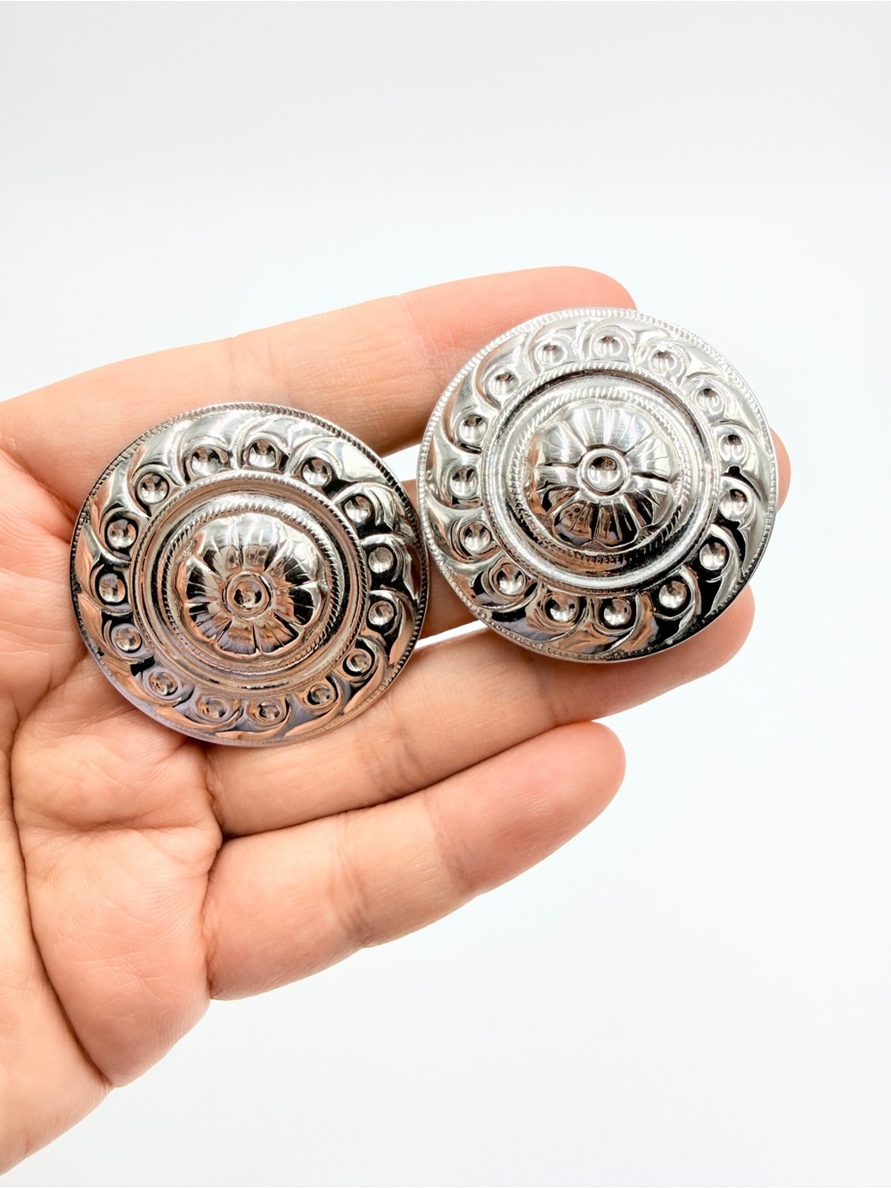 Vintage Silver Tone Round Clip On Earrings Ornate Floral Disc Statement Pair